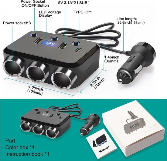 Linkstyle USB sigarettenaansteker, splitter, oplader voor auto met QC3.0 USB A en PD USB C-uitgang voor 12V/24V auto RV boot Linkstyle USB sigarettenaansteker, splitter, oplader voor auto met QC3.0 USB A en PD USB C-uitgang voor 12V/24V auto RV boot