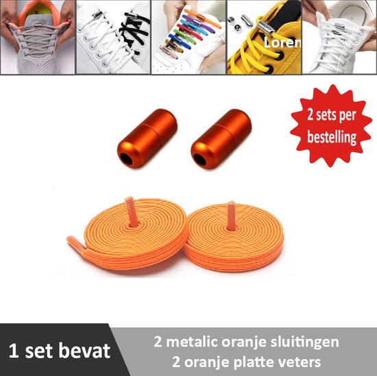 2 paar oranje platte elastische veters met metalic oranje sluitingen. Je hoeft voortaan nooit meer je veters te strikken.