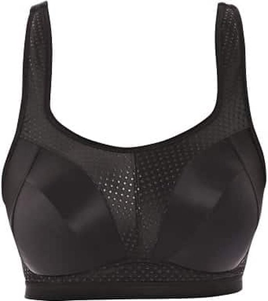 Soutien-gorge de sport noir Freya avec bretelles larges et surélevées et empiècements en maille sur le haut.