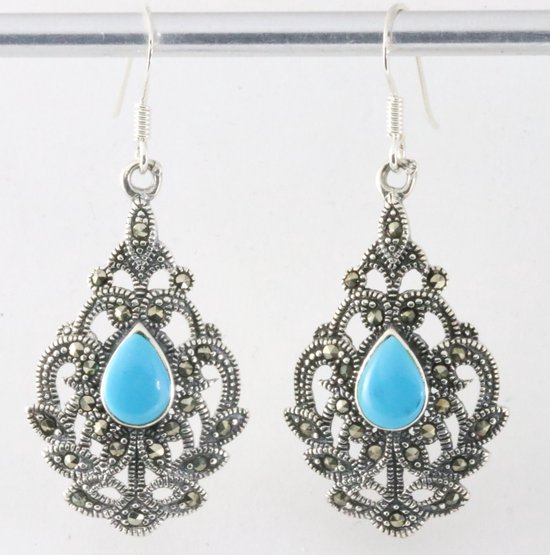 Zilveren oorbellen met blauwe turkoois en marcasiet