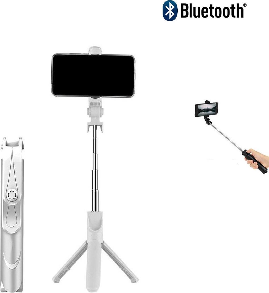 DrPhone Z1 Bluetooth draadloze Tripod VLOG - Wit - Inklapbare Tripod Selfie Stick - Tripod Statief houder - Opvouwbaar + Bluetooth remote control - Voor o.a iPhone 11 / Pro Max / XS / XR / Samsung A50 / A40 / S10 / S9 / HUAWEI P30 etc