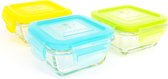 KOOLECO® kleine glazen vershoudbakjes met deksel 150ml (3 stuks) - blauw geel groen - vierkant