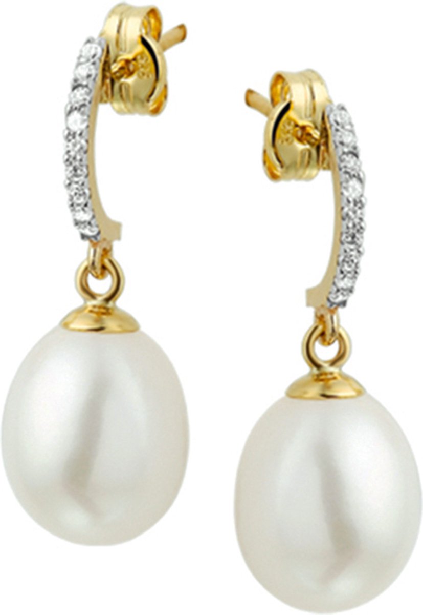 The Jewelry Collection Oorhangers Parel En Zirkonia - 14 karaat goud