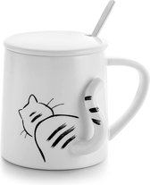 Tasse chat, tasse chat, tasse à café tasse à thé avec couvercle et cuillère, céramique blanche avec motif chat mignon, queue 3D, cadeau pour les amoureux des chats, propriétaire de chat, collègue, petite amie, enfants, anniversaire