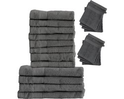 LOTUS Set 4x Badhanddoeken 70x140 + 8x Handdoeken 50x100 + 8x Washandjes - Antraciet - Hot