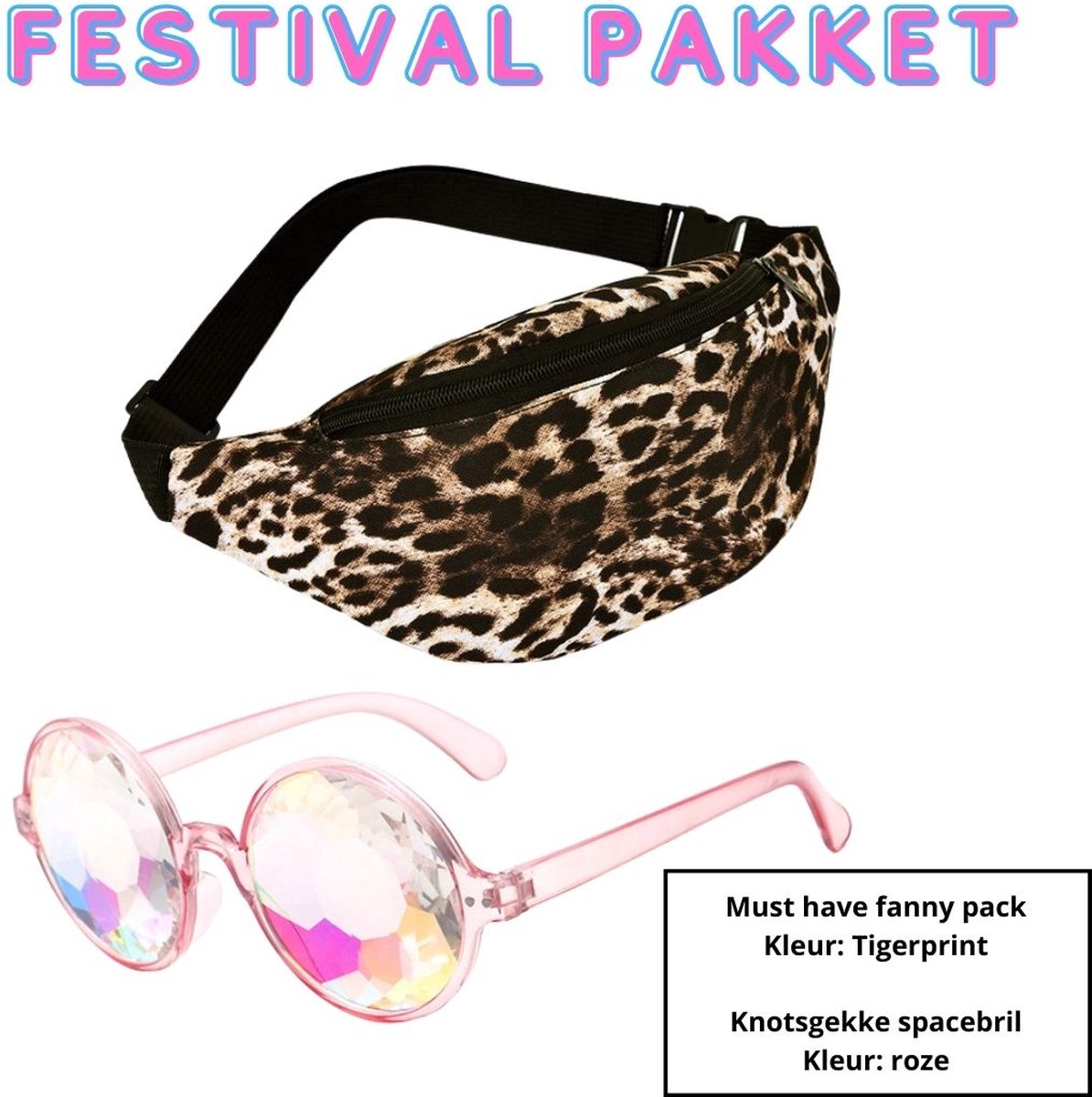 Heuptas / festival fanny pack (tijger) 30x14x8 - Festival bril/spacebril (roze)