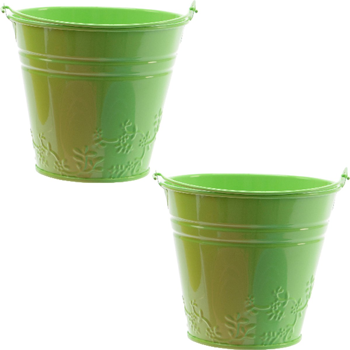 Decoris Bloempot/plantenpot bloemen relief - 2x - zink - D11 cm - groen