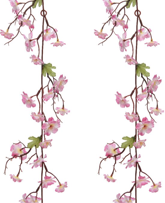 Everlands kunstbloem/bloesem takken slingers - 2x stuks - roze - 187 cm
