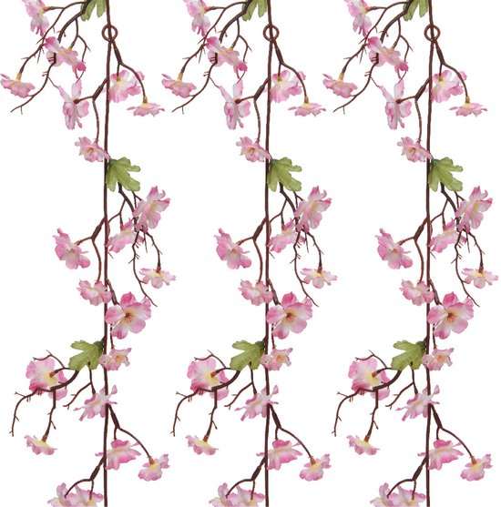 Everlands kunstbloem/bloesem takken slingers - 3x stuks - roze - 187 cm