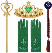 Het Betere Merk - Verkleedkleding meisje - accessoires voor bij je prinsessenjurk - Kroon - Tiara - Toverstaf - Handschoenen - Bruine vlechtjes met clip- Groen