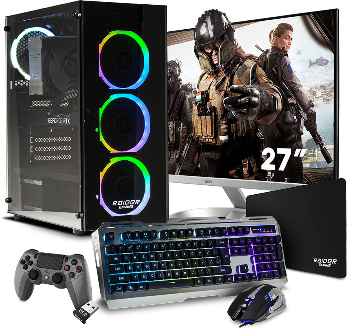 Complete set High-End Intel Game PC met 27 inch Gaming Monitor - incl. accessoires bundel en 27 RAIDER Gaming monitor - 16GB - NVIDIA RTX 3060Ti 8GB - 1000GB SSD - Windows 11