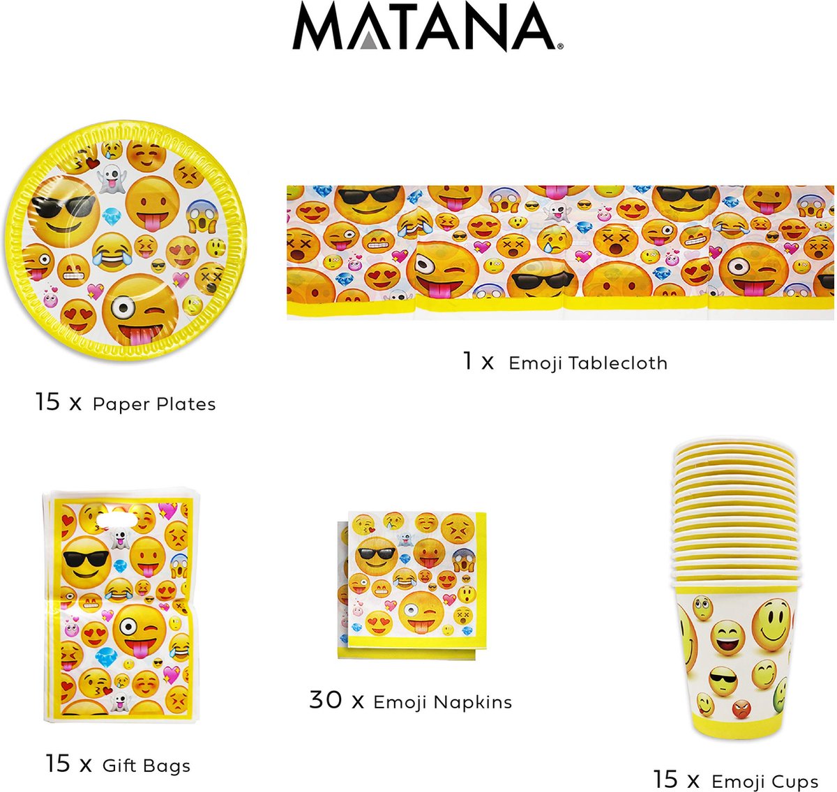 Matana – 76-delig Emoji Feestservies – 15 Borden, 15 Bekers, 15 Feestzakjes, 30 Servetten & 1 Tafelkleed – Voor Kinderverjaardagen