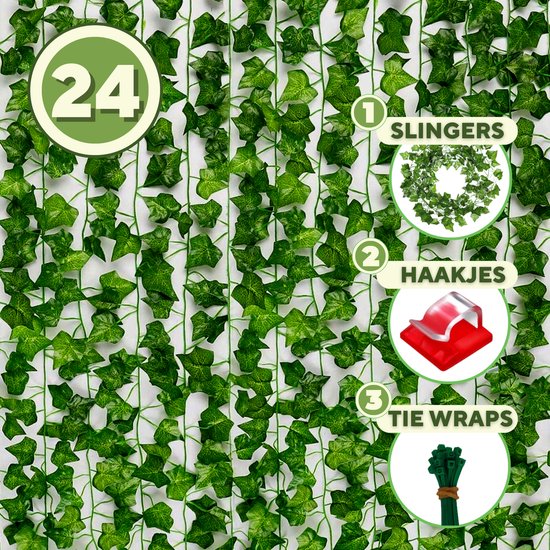 Klimop Slinger - 24 Stuks - 50 meter - Decoratie voor Huis en Tuin - Kunst Hangplant - Voor Binnen en Buiten - Hedera - Met Zelfklevende Haakjes