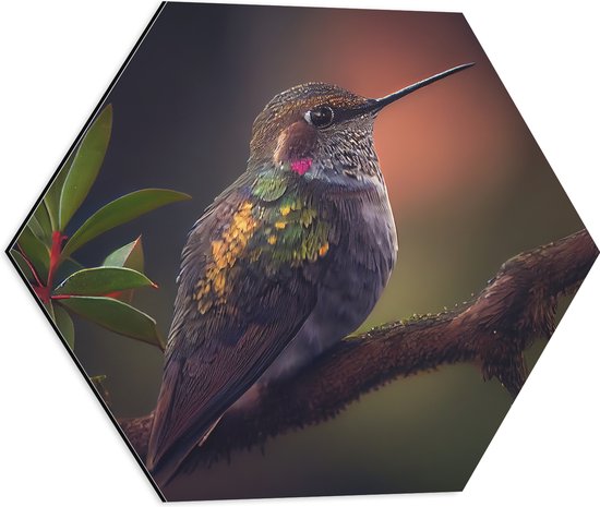 Dibond Hexagon - Groene Juweelkolibrie Vogel op Tak langs Groen Blad - 50x43.5 cm Foto op Hexagon (Met Ophangsysteem)