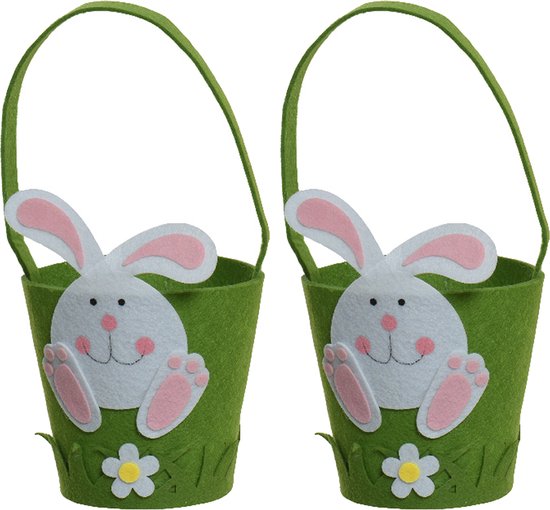 Decoris Paniers de Pâques avec lapin de Pâques - 2x - feutre - vert - D15 x H31 cm