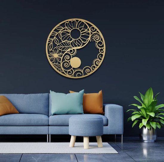 Prachtige handgemaakte Yin en Yang wanddecoratie met 3D-effect! 90x90cm Goud