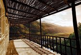 Fotobehang - Vlies Behang - Terras met Uitzicht op het Berglandschap 3D - 254 x 184 cm