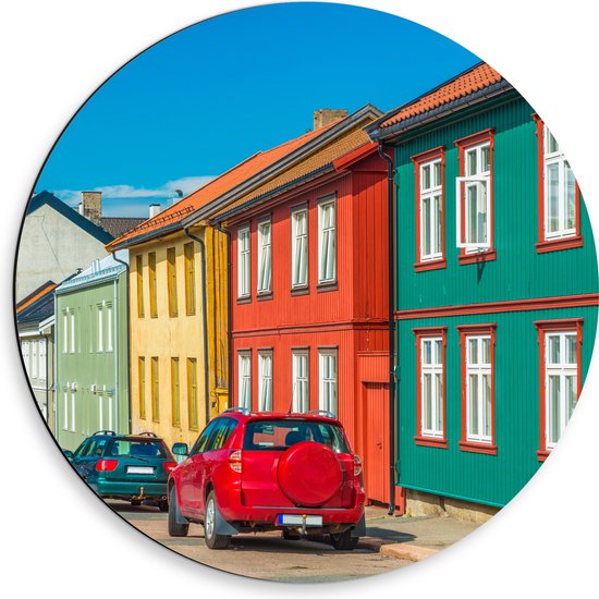 Dibond Muurcirkel - Gekleurde Houten Huisjes in Straatje in Oslo, Noorwegen - 50x50 cm Foto op Aluminium Muurcirkel (met ophangsysteem)