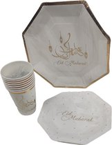 Eid Mubarak feestpakket - Wit - Papier / Karton - Set van 3 - Servetten / Bordjes / Bekertjes - Feestje - Vasten - Moslim - Ramadan - Suikerfeest