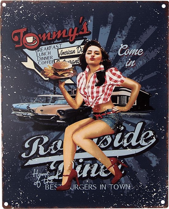 Clayre & Eef Tekstbord 20x25 cm Blauw Ijzer Tommy's Roadside Diner Wandbord