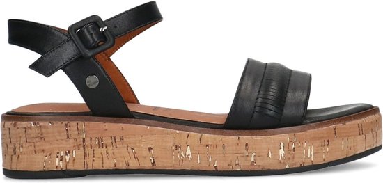 No Stress - Dames - Zwarte leren sandalen met kurkzool - Maat 39