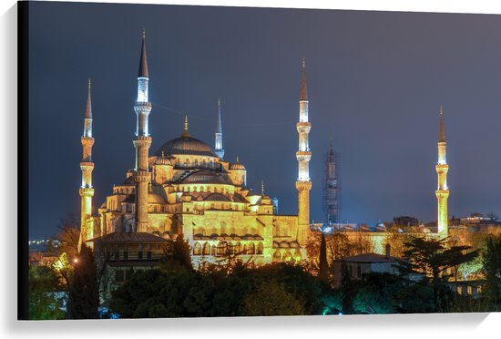 WallClassics - Canvas - Sultan AhmetMoskee in de Nacht in Istanbul, Turkije - 90x60 cm Foto op Canvas Schilderij (Wanddecoratie op Canvas)