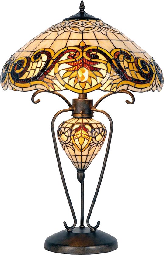 HAES DECO - Tiffany Tafellamp Ø 46x76 cm Geel Glas Driehoek Tiffany Bureaulamp Tiffany Lampen Glas in Lood
