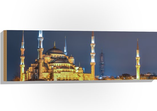 WallClassics - Hout - Sultan AhmetMoskee in de Nacht in Istanbul, Turkije - 90x30 cm - 9 mm dik - Foto op Hout (Met Ophangsysteem)