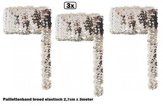 3x Paillettenband breed elastisch zilver 2,7cm x 3 meter - Paillet thema party festival kleding feest