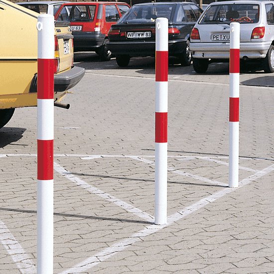 Poteau de barrière Bern, rond, rouge blanc Fixation au sol Avec œillets de chaîne