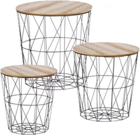 Set van 3x bijzettafels rond metaal/hout zwart/naturel 30/35/40 cm - Home Deco meubels en tafels