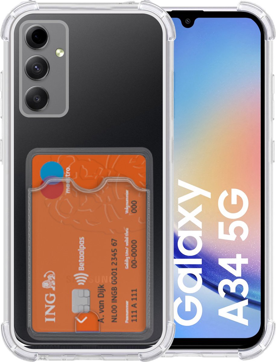 Samsung Galaxy A34 hoesje transparant siliconen shockproof backcover met Pashouder