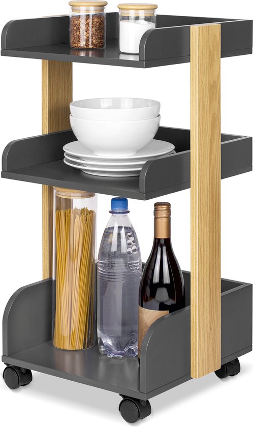 Bomoe Bosse - Chariot de Cuisine en Bois FSC® sur 4 Roues Verrouillables & 3 Niveaux - Chariot de Service 32x35x69cm Anthracite & Chêne pour Salle de Bain Bureau