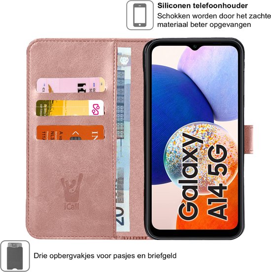 Coque Samsung Galaxy A14 - Book Case Cuir Cuir -Cartes Or Rose