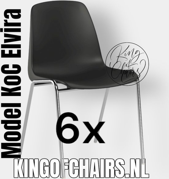 King of Chairs -set van 6- model KoC Elvira zwart met verchroomd onderstel. Kantinestoel stapelstoel kuipstoel vergaderstoel tuinstoel kantine stoel stapel kantinestoelen stapelstoelen kuipstoelen stapelbare keukenstoel Helene eetkamerstoel