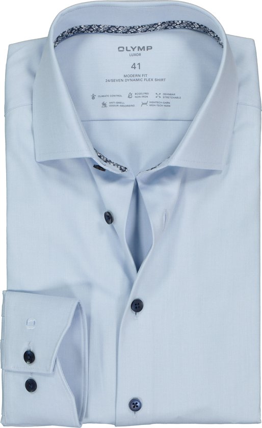 OLYMP 24/7 modern fit overhemd - mouwlengte 7 - twill - lichtblauw (contrast) - Strijkvrij - Boordmaat: 39