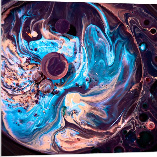 Acrylglas - Verfmix van Blauw, Paars en Oranje - 80x80 cm Foto op Acrylglas (Met Ophangsysteem)