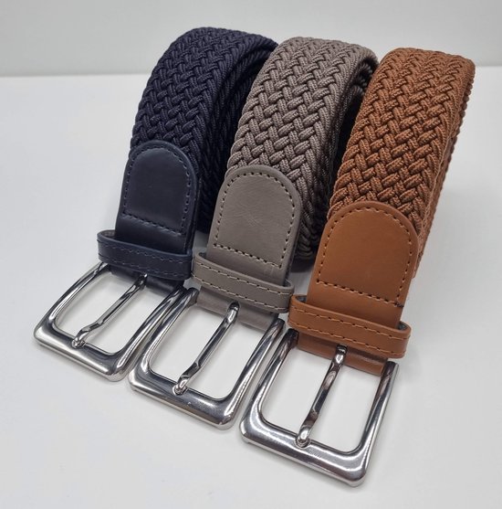 3 pack deal - Elastische broekriem Stretch riem Vlecht riem Gevlochten riem Elastiek riem - unisex - Kleur 1-Bruin 2-Kaki 3-Blauw