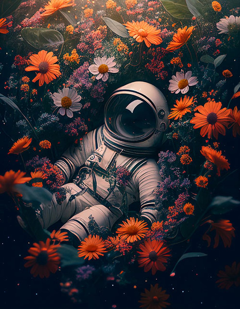 AI - Woondecoratie - Poster - Astronaut - bloemen - 03 - 30 x 40 cm