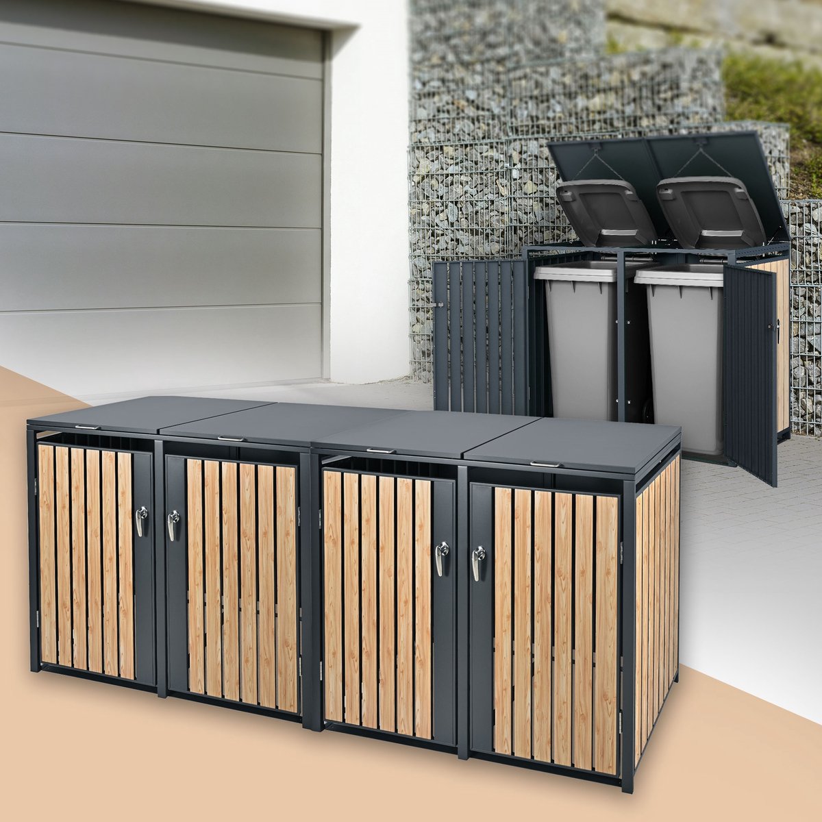 4-bins Kliko ombouw, Container ombouw tot 240L 264x80x116,3 cm gemaakt van staal in larikslook ML design