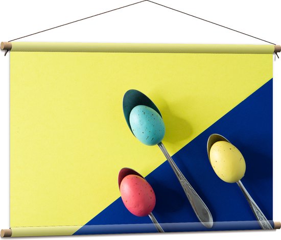 Textielposter - Gekleurde Eieren op Lepels op Blauwe en Gele Vakken - 90x60 cm Foto op Textiel