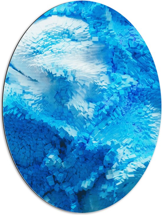 Dibond Ovaal - Blauw met Witte Blokken - 60x80 cm Foto op Ovaal (Met Ophangsysteem)
