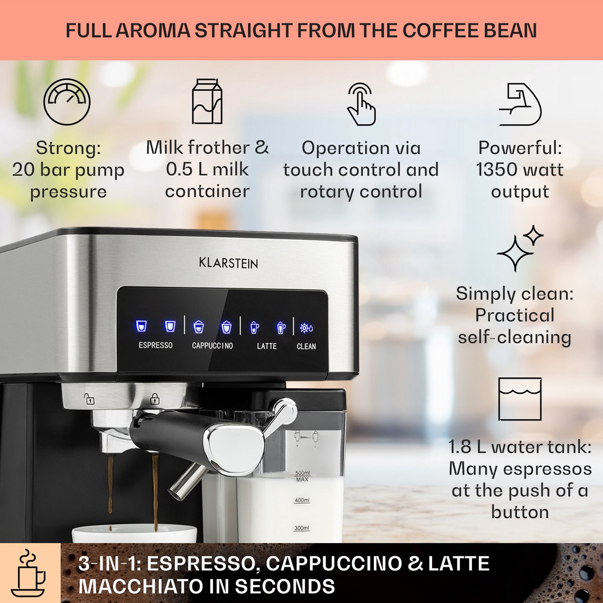 Klarstein Koffiemachine Espresso Pistonmachine met Melkopschuimer, 1,8 L Mini Espressomachine met Piston, 20 Bar RVS Compact, Melkreservoir, 1350 W Koffiemachine voor Gemalen Koffie - Stoompijpje Touch LED - Coffee Machine — afbeelding 5