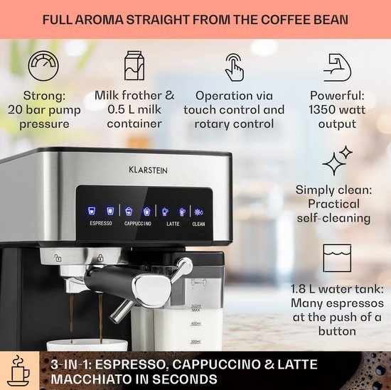 Klarstein Koffiemachine Espresso Pistonmachine met Melkopschuimer, 1,8 L Mini Espressomachine met Piston, 20 Bar RVS Compact, Melkreservoir, 1350 W Koffiemachine voor Gemalen Koffie - Stoompijpje Touch LED - Coffee Machine