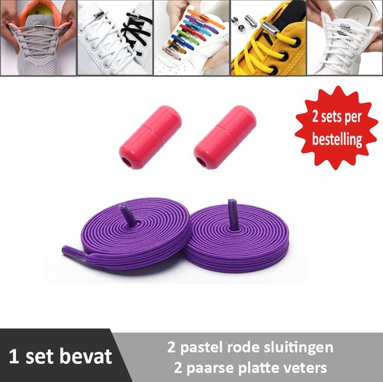 2 paar paarse platte elastische veters met pastel rode sluitingen. Je hoeft voortaan nooit meer je veters te strikken.