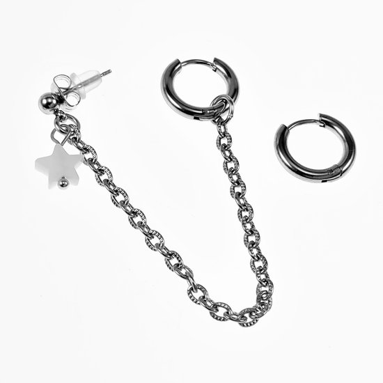 Boucles d'oreilles Trois Pièces Femme - Acier Inoxydable - Boucles d'oreilles ∅15mm - Boucles d'Oreilles Ball avec Chaîne - Pendentif Étoile Coquillage Witte