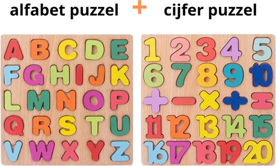 Puzzle - Alphabet et Chiffres - 2 Pièces - Coloré - Houten
