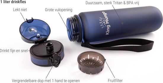 Donkerblauwe 1L drinkfles, BPA-vrij, met grote vulopening, lekvrije dop met drukknop en fruitfilter.