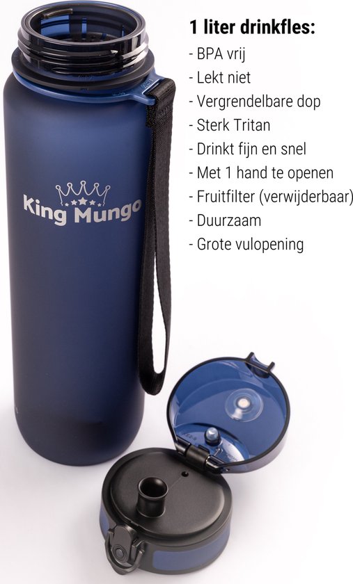 Mat donkerblauwe King Mungo drinkfles met witte opdruk, zwarte dop en fruitfilter.