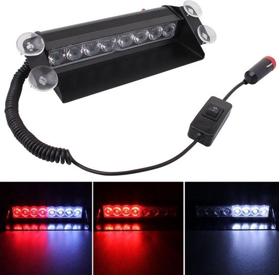 8 W 800LM 8-LED Wit + Rood Licht 3-Modes Verstelbare Hoek Auto Strobe Flash Dash Noodverlichting Waarschuwingslamp met Suckers, DC 12 V